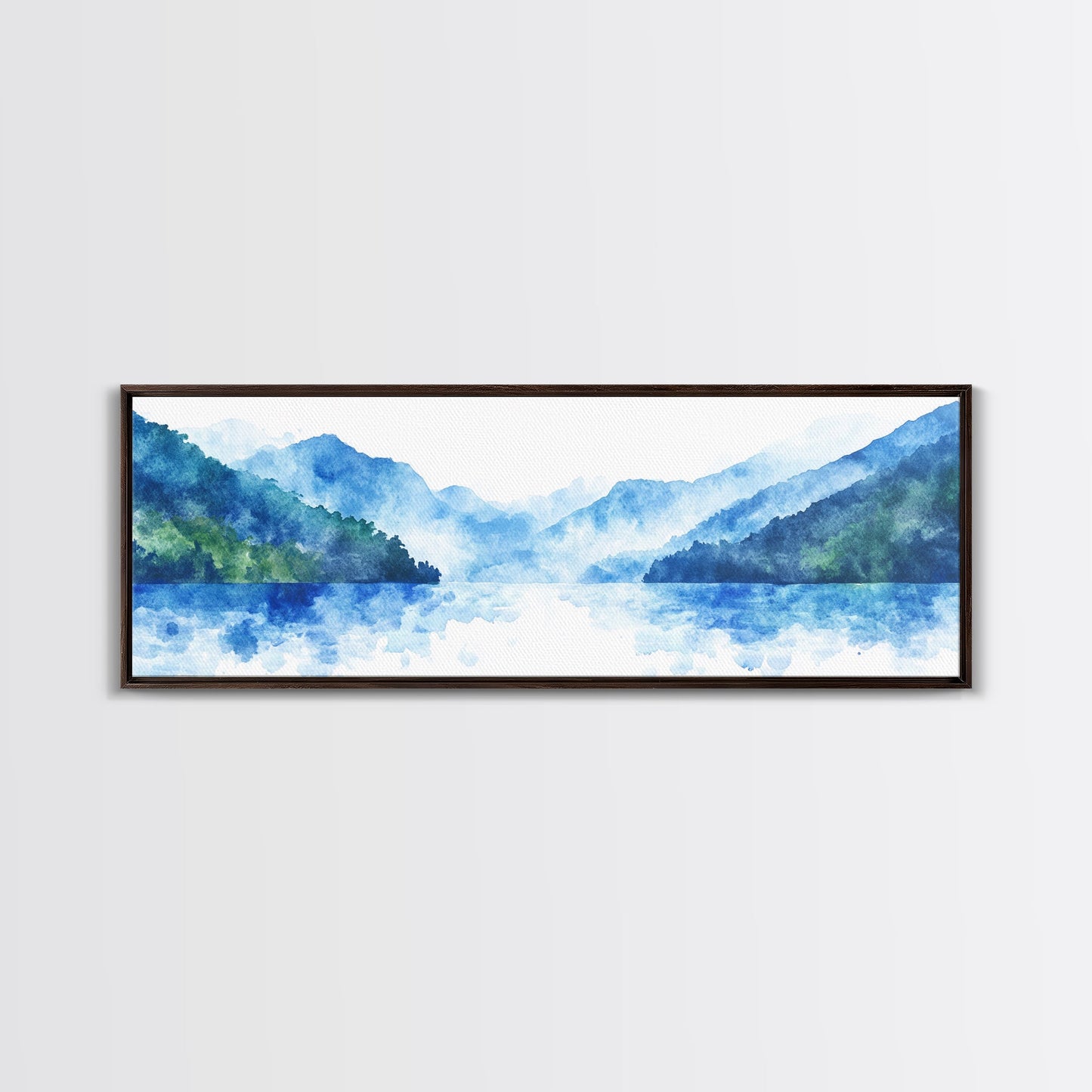 Reflections - Foggy Mountain Morning - Watercolor Painting Print - Wood Framed Wall Art - Panoramic Painting