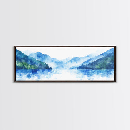 Reflections - Foggy Mountain Morning - Watercolor Painting Print - Wood Framed Wall Art - Panoramic Painting