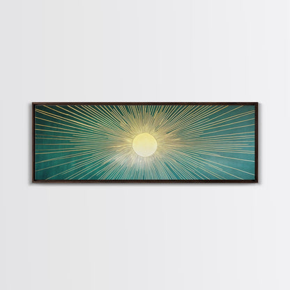 Eclectic Art Deco Sunburst Framed Canvas Print, Boho Style Wall Art, Emerald Green and Gold Extra Wide Art