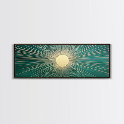 Emerald Green Sun Burst Wall Art, Art Deco Retro Vibes, Eclectic Home Decor, Emerand Green and Gold Horizontal Framed Canvas