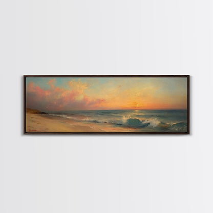 Ocean Waves Crash Into a Hidden Beach at Sunset, Framed Canvas Print, Panoramic Boho Seascape Painting