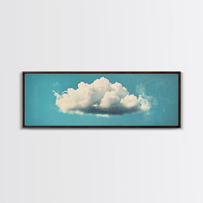 Framed Canvas Art, Sky Blue, Navy Blue Lonely Cloud Art, Minimalist Art Print, Panoramic Extra Wide Horizontal Art, Lonely Cloud