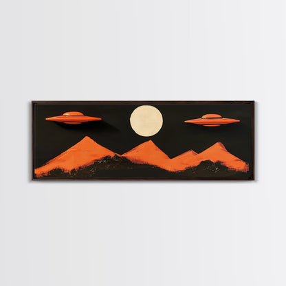 Orange Flying Saucers - UFO Art - Panoramic Print - Cute Alien Art - Nursery Decor