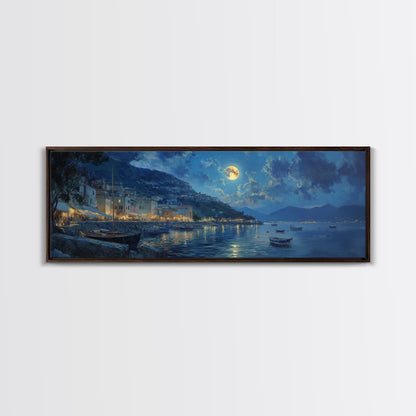 Horizontal Oil Painting Print - Italy At Night - Portofino Wall Art - Horizontal Panoramic Print - Full Moon Painting