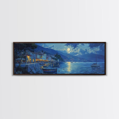 Fishing Village at Midnight Under a Full Moon, Framed Canvas Print, Panoramic Wall Art, Eclectic Boho Home Decor, Wide Oversized Wall Art