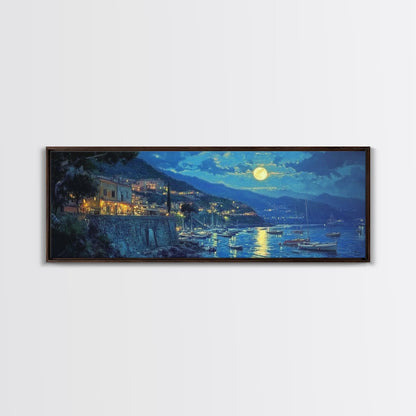 Greece at Midnight - Framed Canvas Print - Greek Fishing Village Under a Full Moon - Boho Wall Art - Moody Landscape Painting