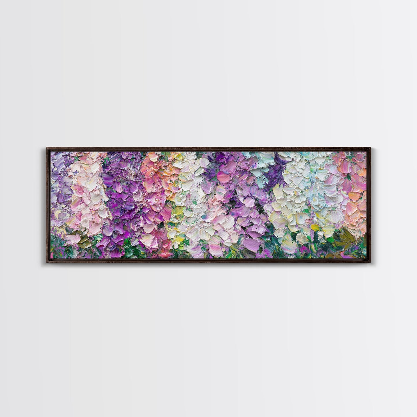 White, Pink and Purple Wild Flowers, Framed Canvas Print, Floral Oil Painting, Abstract Flower Painting, Panoramic Oversized Wall Art