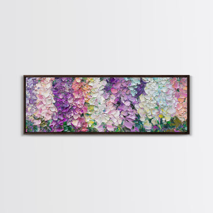 White, Pink and Purple Wild Flowers, Framed Canvas Print, Floral Oil Painting, Abstract Flower Painting, Panoramic Oversized Wall Art
