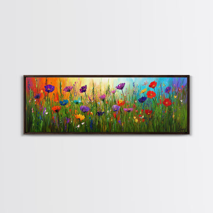 Purple Flowers, Panoramic Floral Print, Framed Canvas Art, Wildflowers Painting Spring Flower Watercolor Art Print, Field of Wildflowers