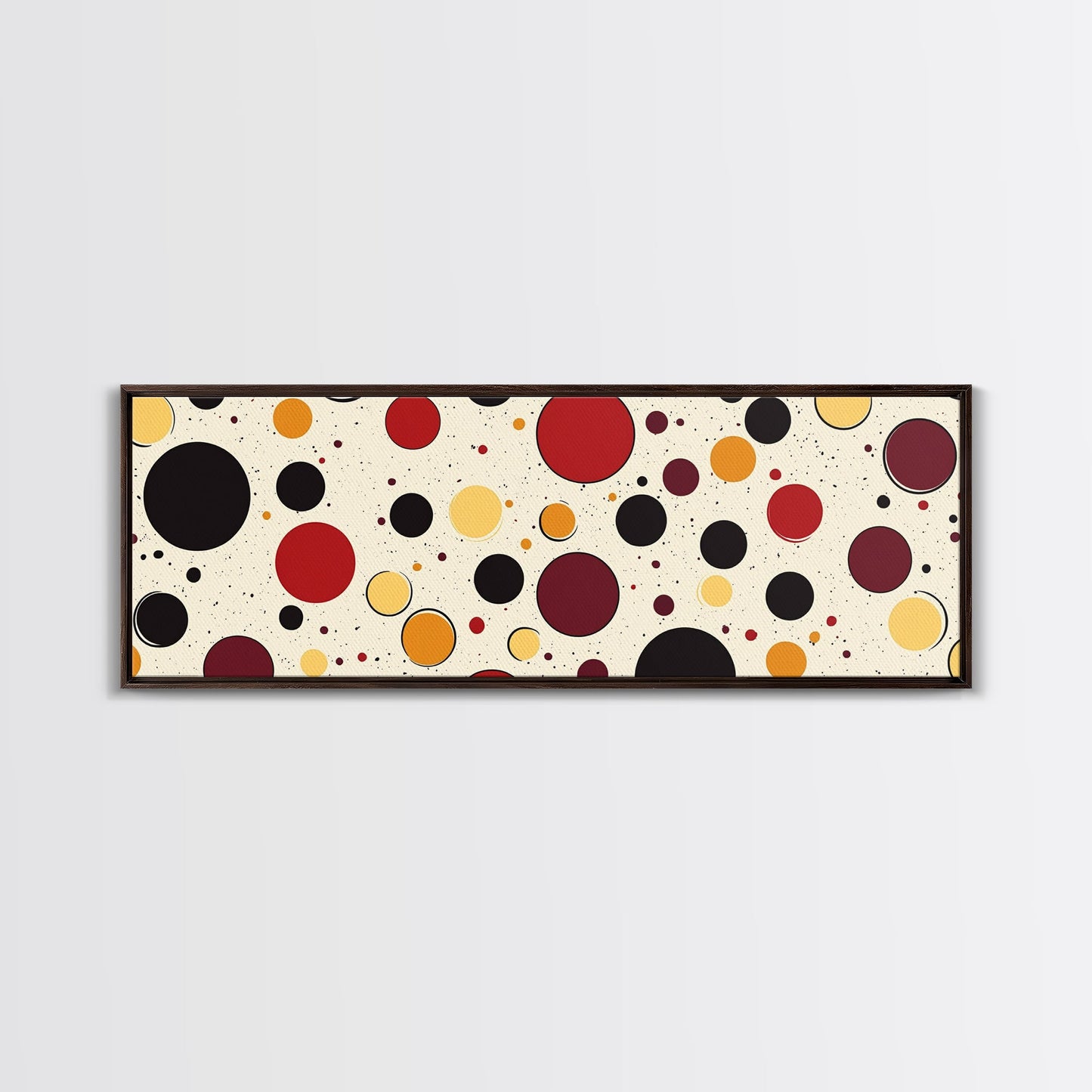 Polka Dots - Framed Canvas Print - MCM Inspired Midcentury-Modern Wall Art - Red, Yellow and Black Dots on a White Background