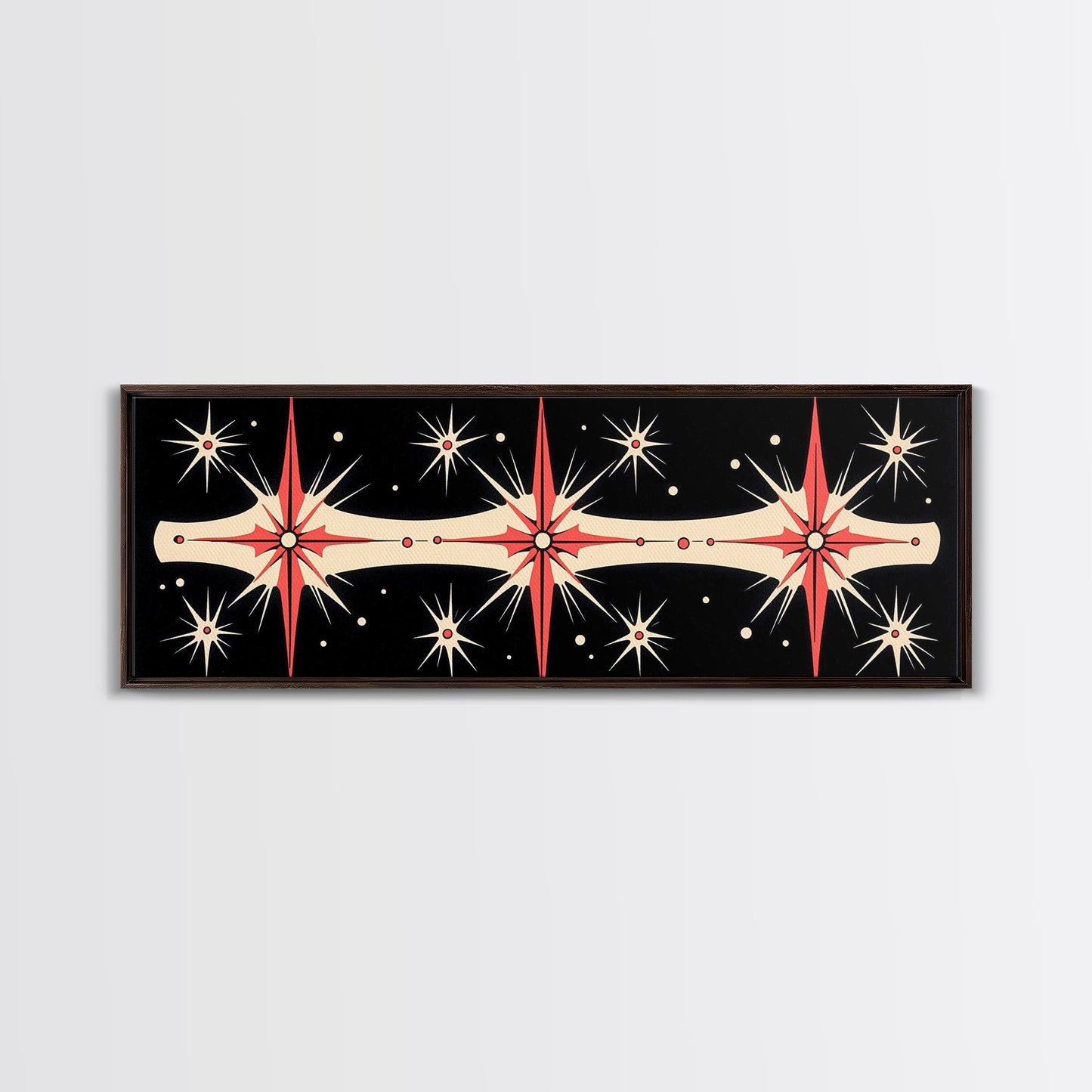 Neutral Star Burst Framed Canvas Print, Abstract Atomic Age Wall Art, Mid-Century Modern 1950s Style Home Decor, Large Scale Art