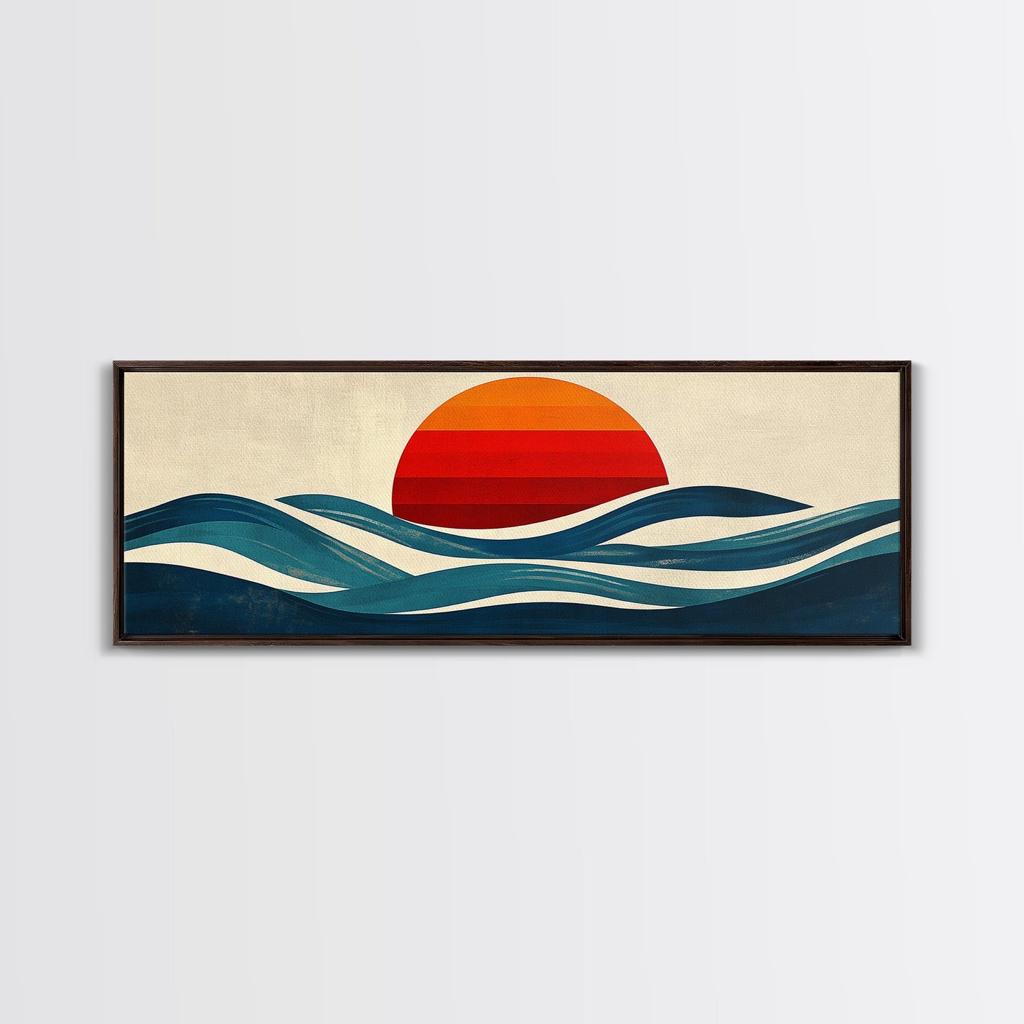 Retro Art Deco Sunset over The Ocean, Framed Canvas Print, Vector Image Style Artwork, Wood Frame, Boho / Eclectic Home Decor, Minimalist Decor