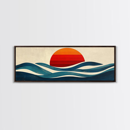 Retro Art Deco Sunset over The Ocean, Framed Canvas Print, Vector Image Style Artwork, Wood Frame, Boho / Eclectic Home Decor, Minimalist Decor