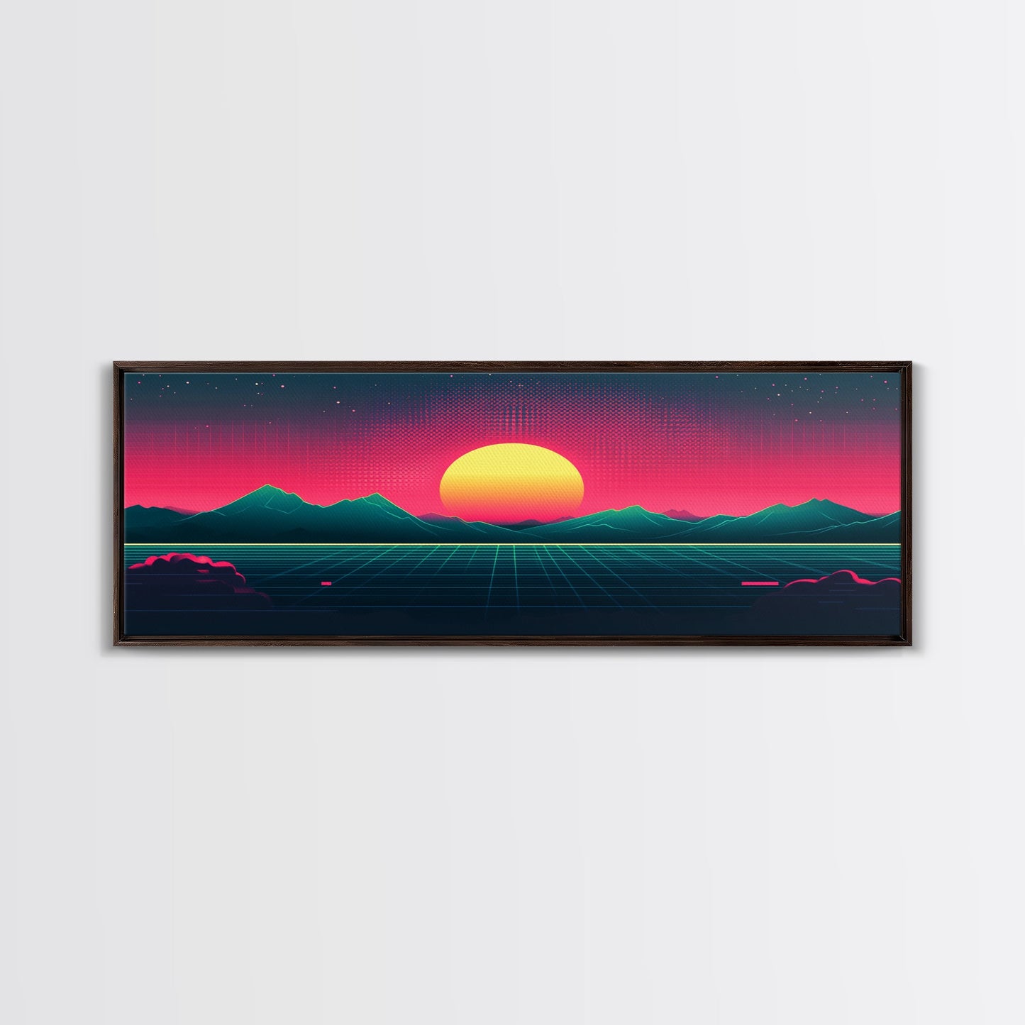 Synthwave Sunset Over The Mountains, Wireframe Art, Framed Canvas Print, Wire Frame Retro 1980s Style Wall Art