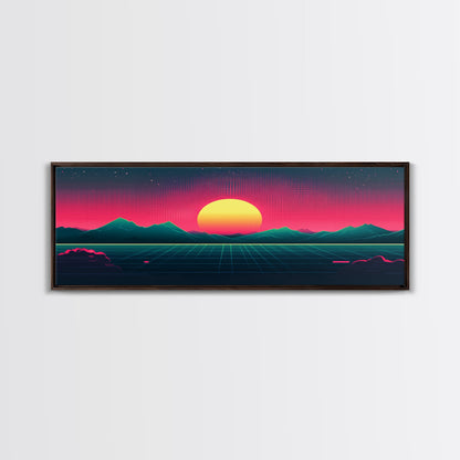 Synthwave Sunset Over The Mountains, Wireframe Art, Framed Canvas Print, Wire Frame Retro 1980s Style Wall Art
