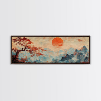 Japanese Maple Tree at Sunset, Vintage Japanese Inspired Woodblock Print Canvas Art, Retro Japanese Art