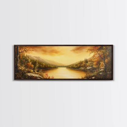 Sunset Over The Lake, Framed Canvas Print, Ultra Wide Wall Art, Panoramic Painting, Above Sofa Or Bed Wall Art, Home Decor, Calm Wall Art