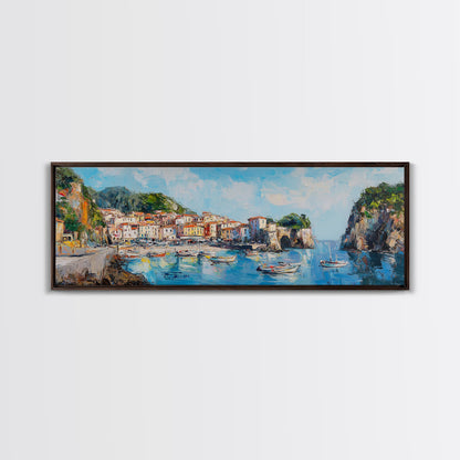 Muted Italian Fishing Village Painting Print, Boho Wall Art, Minimalist Style Panoramic Painting, Extra Large Oversized Wall Art, Home Decor / Gift Idea