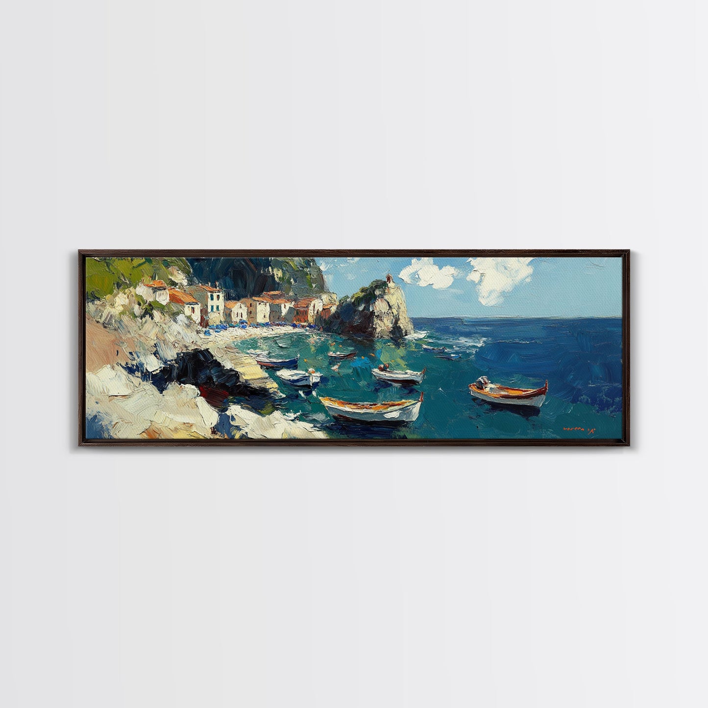 Italian Fishing Village, Vintage Style Canvas Print, Wood Framed Panoramic Wall Art, Italy Vacation Gift, Travel Gift Idea, Impressonist Seascape