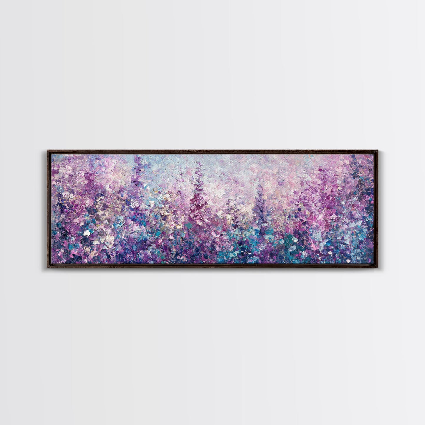 Purple Flower Painting, Lavender and Lilacs, Framed Canvas Print, Boho Style Panoramic Painting Wall Art, Purple and Blue Flowers