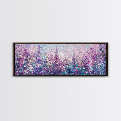 Purple Flower Painting, Lavender and Lilacs, Framed Canvas Print, Boho Style Panoramic Painting Wall Art, Purple and Blue Flowers