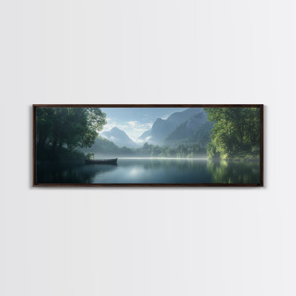 Canoe On The Lake, Framed Canvas Print, Moody Landscape Painting, Realism, Original Artwork, Rustic Lakehouse Decor, Oversized Wall Art