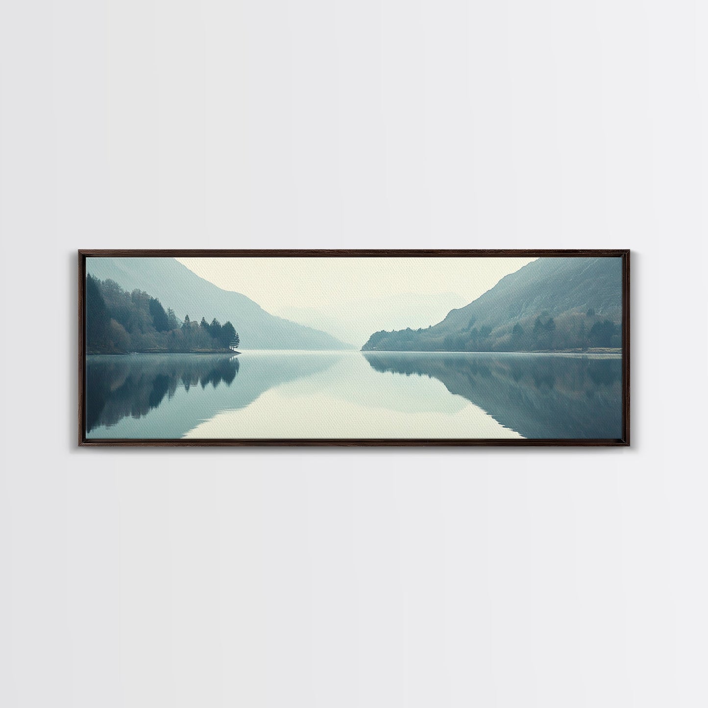 Reflections on an Overcast Day, Framed Canvas Print, Moody Decor, Foggy Landscape Painting, Panoramic Wall Art