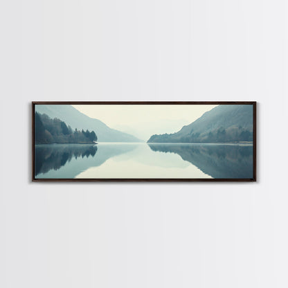 Reflections on an Overcast Day, Framed Canvas Print, Moody Decor, Foggy Landscape Painting, Panoramic Wall Art
