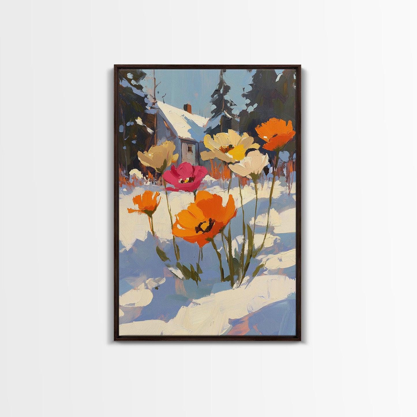 Wild Flowers In The Snow, Framed Canvas Print, Original Floral Painting Print, Modern Wall Art, Modern Custom Art, Winter Art