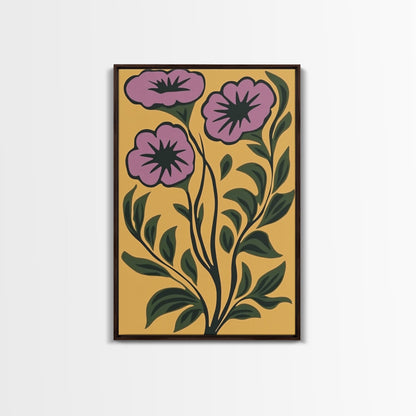 Framed Canvas Canvas Wall Art Mid-Century Modern Boho Flower Print, Purple and Yellow Wall Art, Modern Art Boho Home Decor, Minimalist