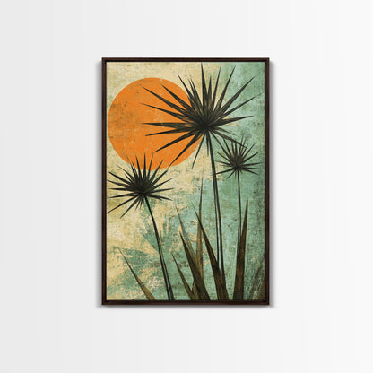 Abstract Palm Trees at Sunset, Framed Canvas Print, MCM Style Wall Art