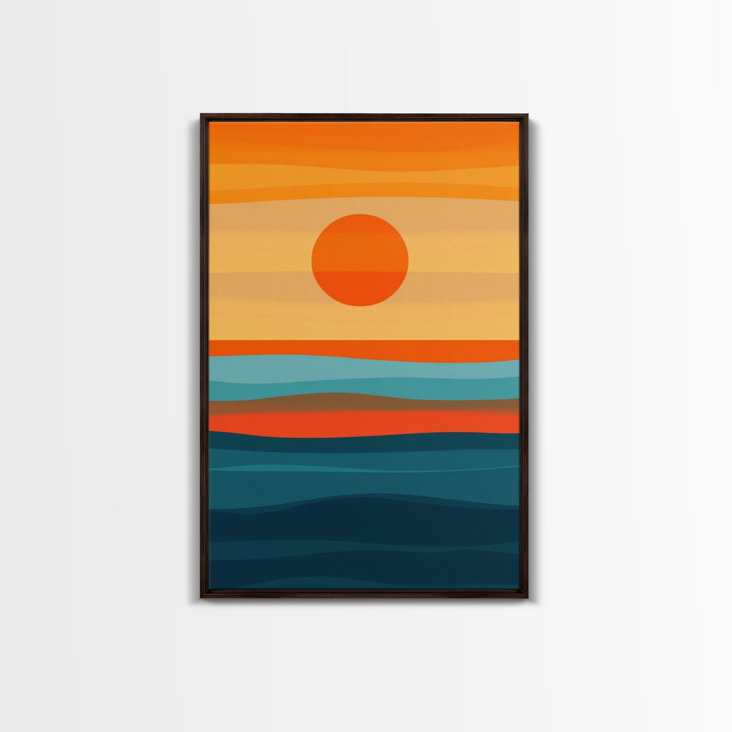 Sunset Over The Ocean Minimalist Print, Vertical Sea Sun Framed Canvas, Waves Line Art, Blue and Orange Sunset Beach House Painting