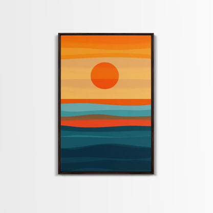 Sunset Over The Ocean Minimalist Print, Vertical Sea Sun Framed Canvas, Waves Line Art, Blue and Orange Sunset Beach House Painting
