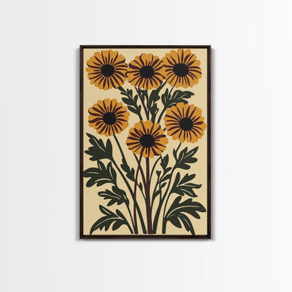 Cute Framed Canvas Wall Art Flower Print, Wild Flowers on Cream Background, Modern Home Decor, Boho Minimalist Wall Art