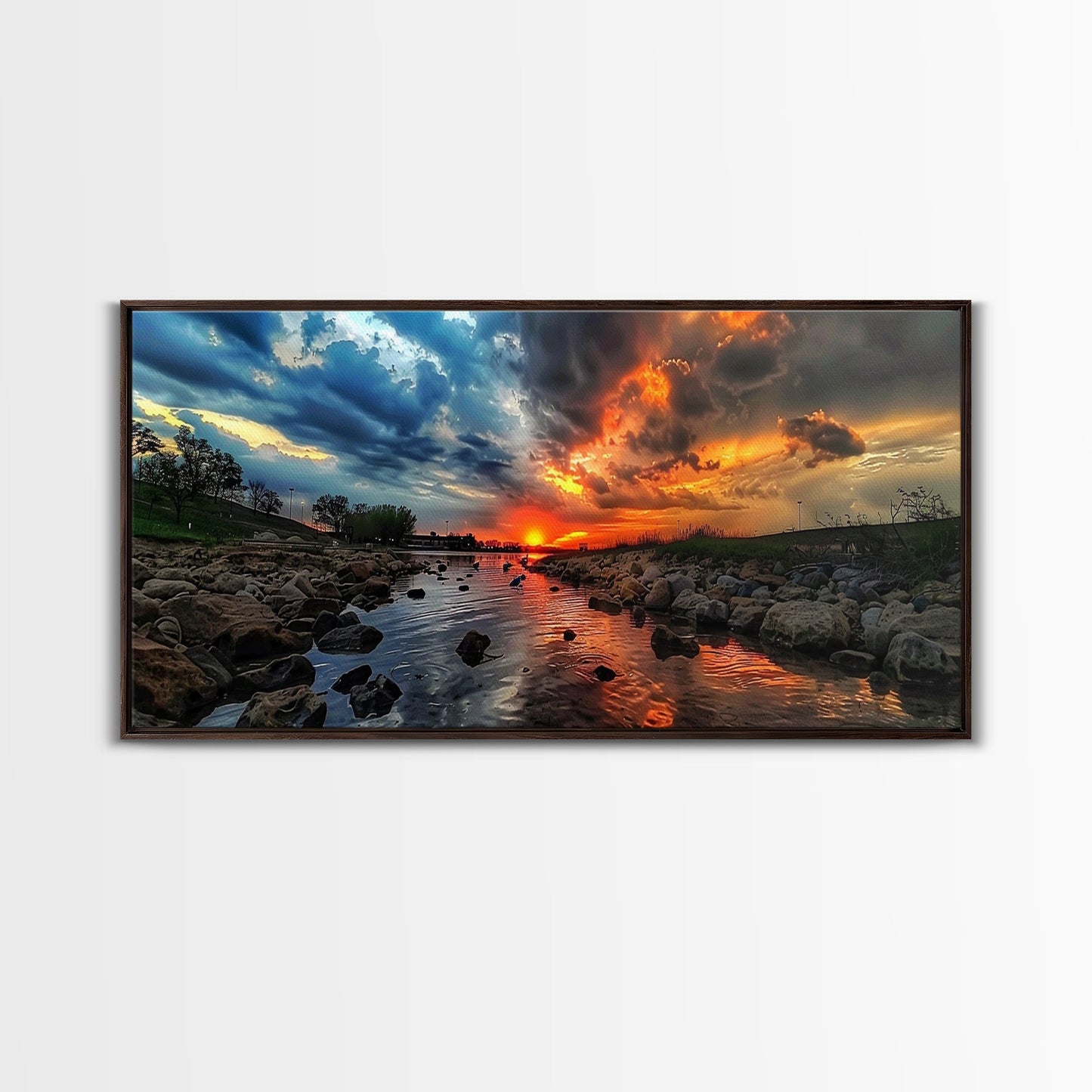 Sunset Over A Rocky River, Framed Canvas Print, Landscape Photography Style Wall Art, Beautiful Home Decor