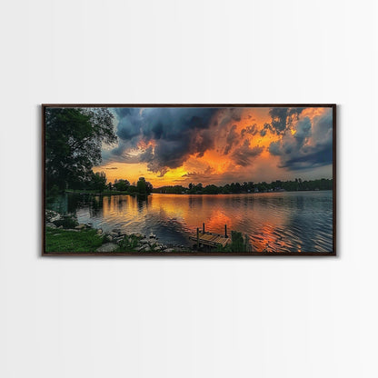 Sunset On The Lake Framed Canvas Print, Lakehouse Decor, Rustic Modern Farmhouse Wall Art, Photography Style Landscape Art