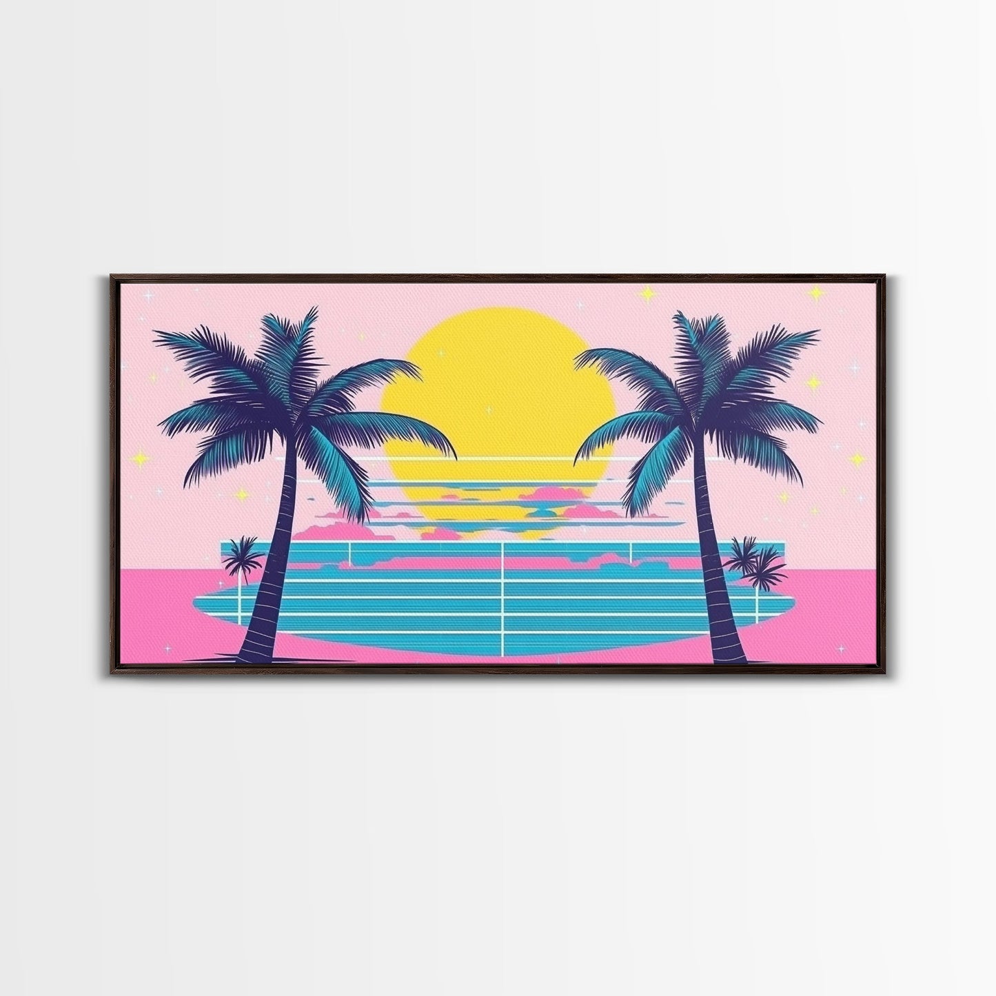Retro Synthwave Wall Art, Outrun Home Decor Framed Canvas Print, Two Palm Trees and a Sunset