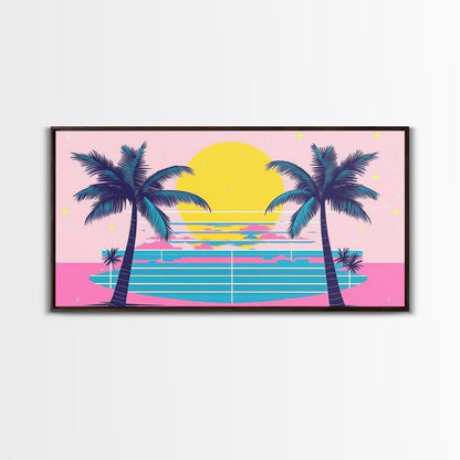 Retro Synthwave Wall Art, Outrun Home Decor Framed Canvas Print, Two Palm Trees and a Sunset