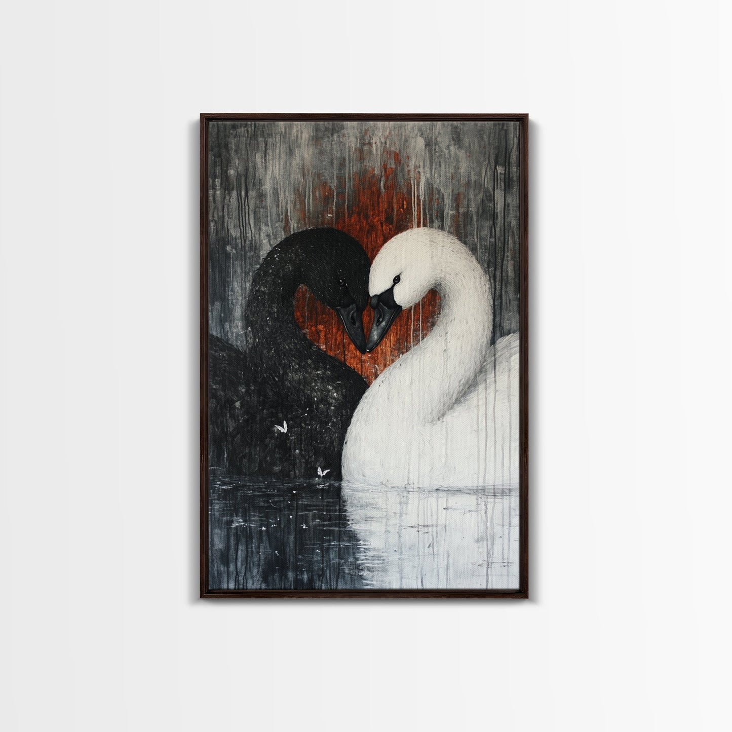 Two Swans in Love, Framed Canvas Print, Goth Decor, Wedding Gift Idea, Engagement Gift, Gift For Couples, Swan Painting, Swan Art