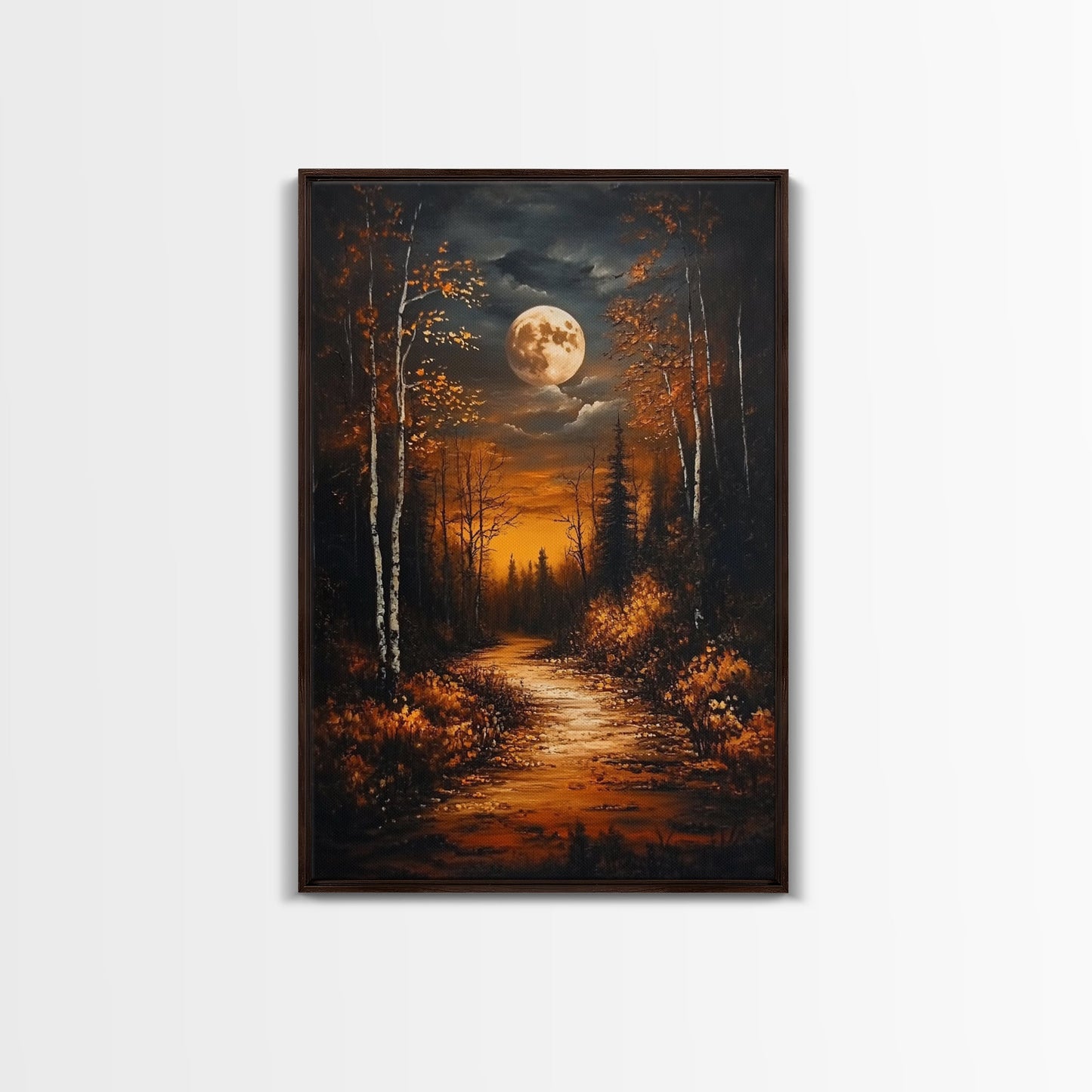 Full Moon Over The Haunted Forest, Framed Canvas Print, Wood Framed Wall Art, Dark Academia Witchy Decor, Moody Home Decor