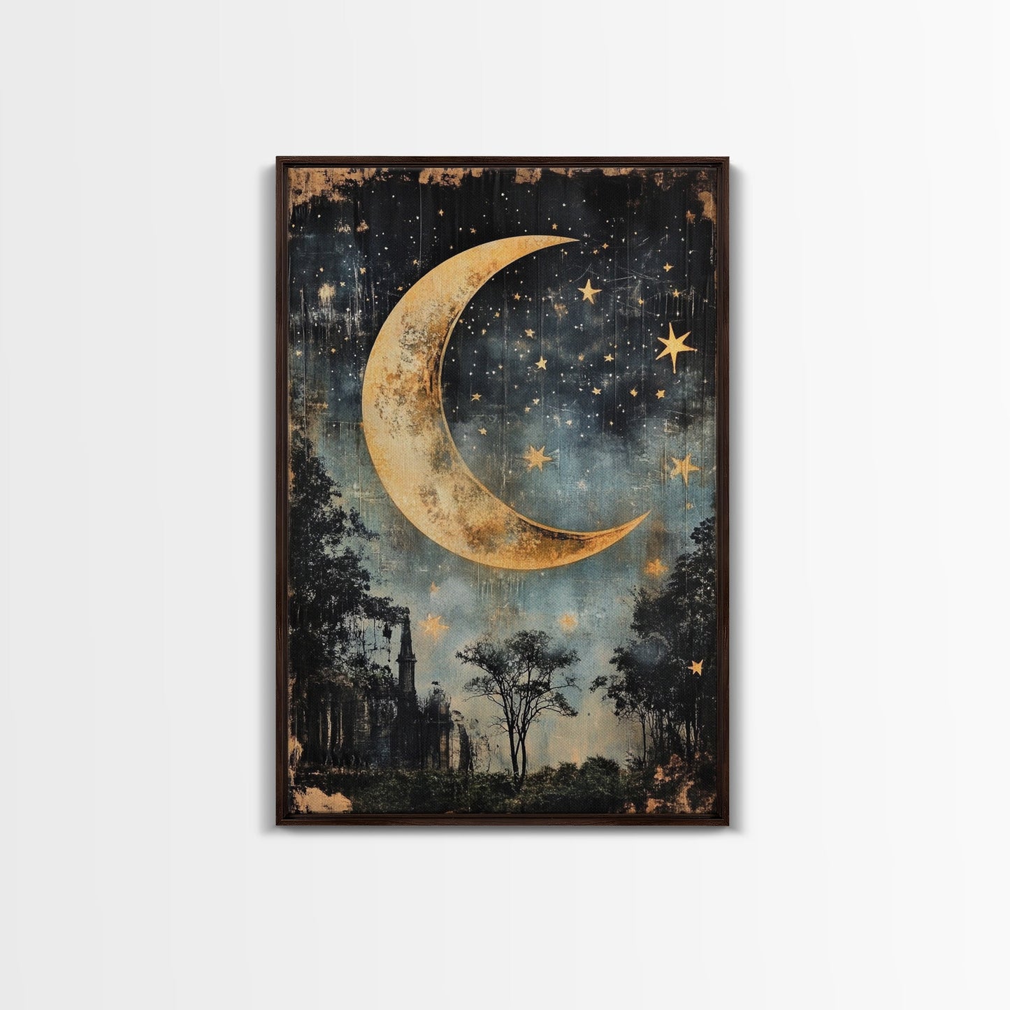 Mystical Moon Painting Print, Folk Art Canvas Print, Eerie Atmospheric Wall Art, Subdued and Moody Home Decor, Crescent Moon Painting