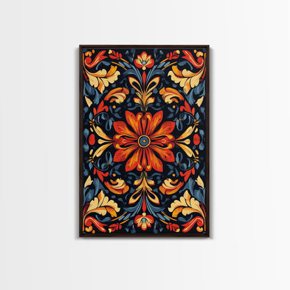 Botanical Floral Tile Pattern Framed Canvas Print, Southwestern Decor, Modern Farmhouse, Pueblo Style Art, Mexicano Chicano Art