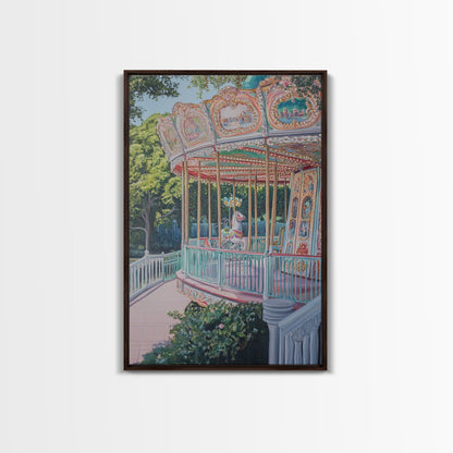 Nursery Decor Framed Canvas Print, Wall Decor for Girl's Room, Carrousel Oil Painting, Oil Painting of a Carrousel