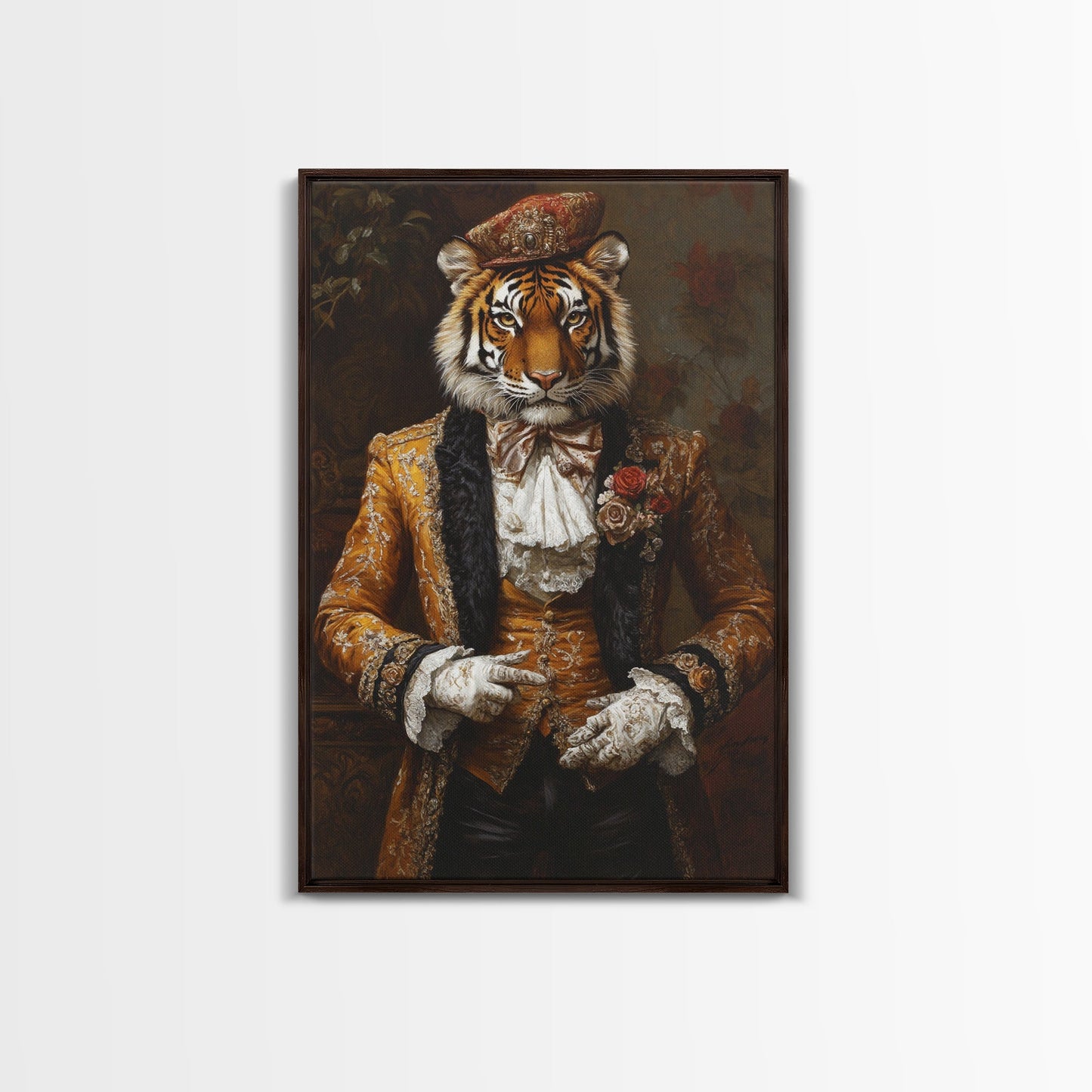 The Dapper Tiger Gentleman Portrait Framed Canvas Print, Whimsical Home Decor, Eclectic Decor, Kitsch Wall Art, Preppy Wall Art, Glam Decor