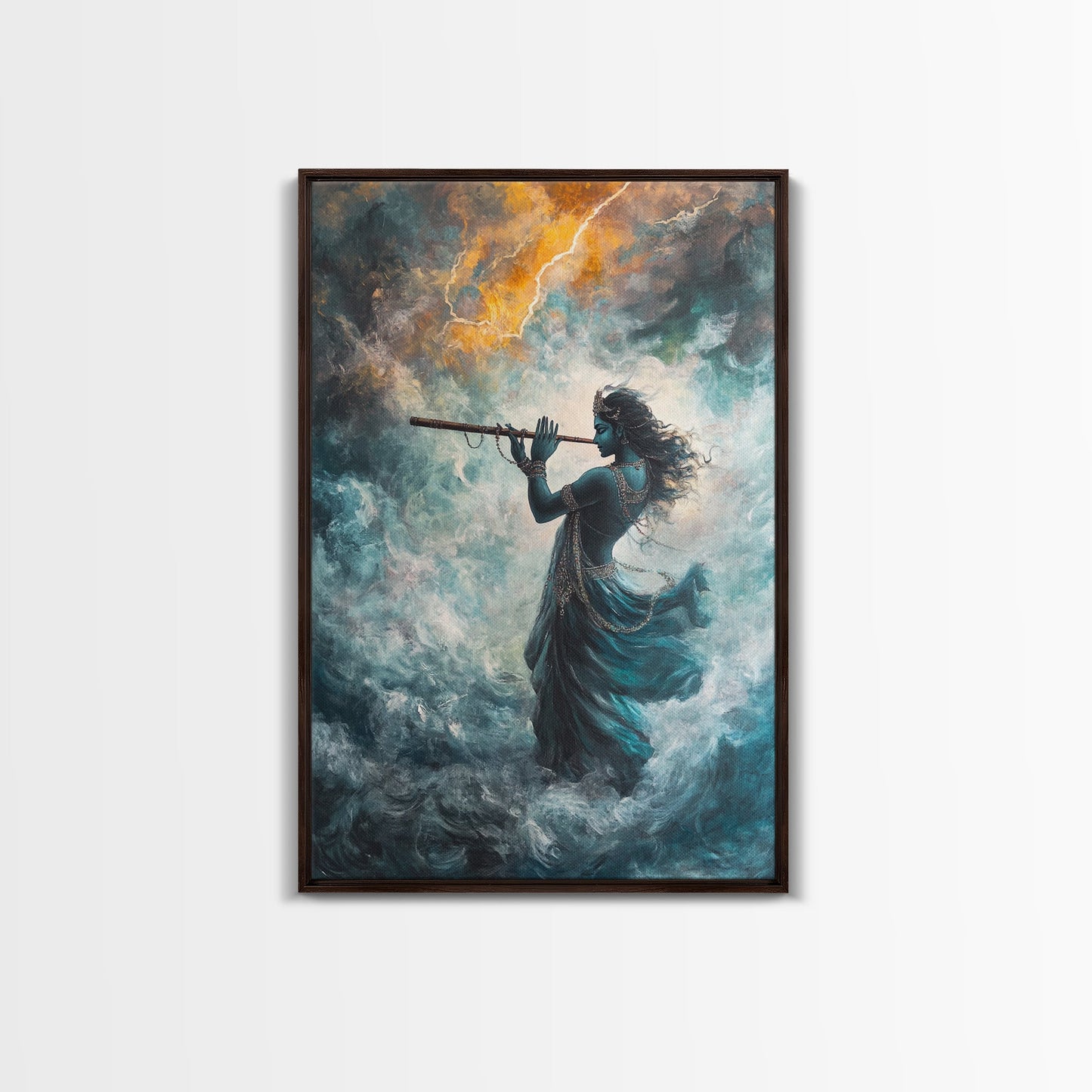 Hindu Art, Radha Krishna Playing Flute Painting Print, Hinduism Wall Art Wood Framed Canvas Print