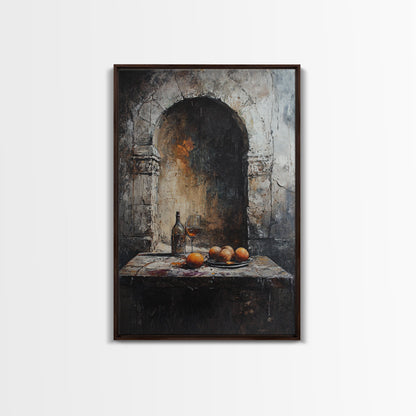 Medieval Kitchen Wall Art, Rustic Home Decor, Framed Canvas Print, Kitchen Home Decor, Dining Room Wall Art, Wine and Fruit Still Life Painting