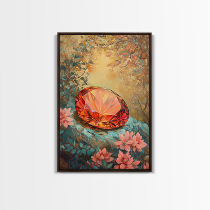Gemstone Painting Print, Framed Canvas Print, Gemstones Wall Art, Precious Stone Painting, Red Gem, Ruby Painting, Antique Minerals Art
