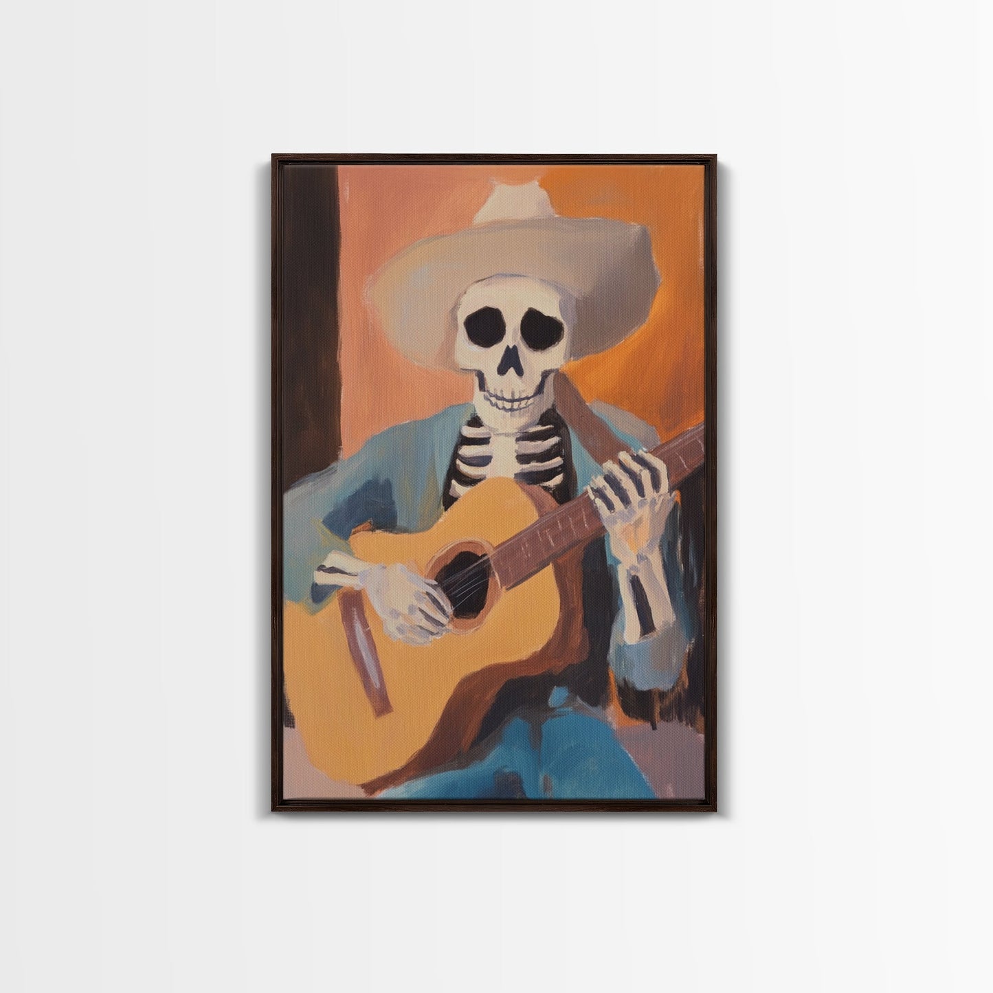 Canvas Print of a Sekelton Cowboy Guitar Player - Chicano Art - Wood Framed Canvas - Original Art