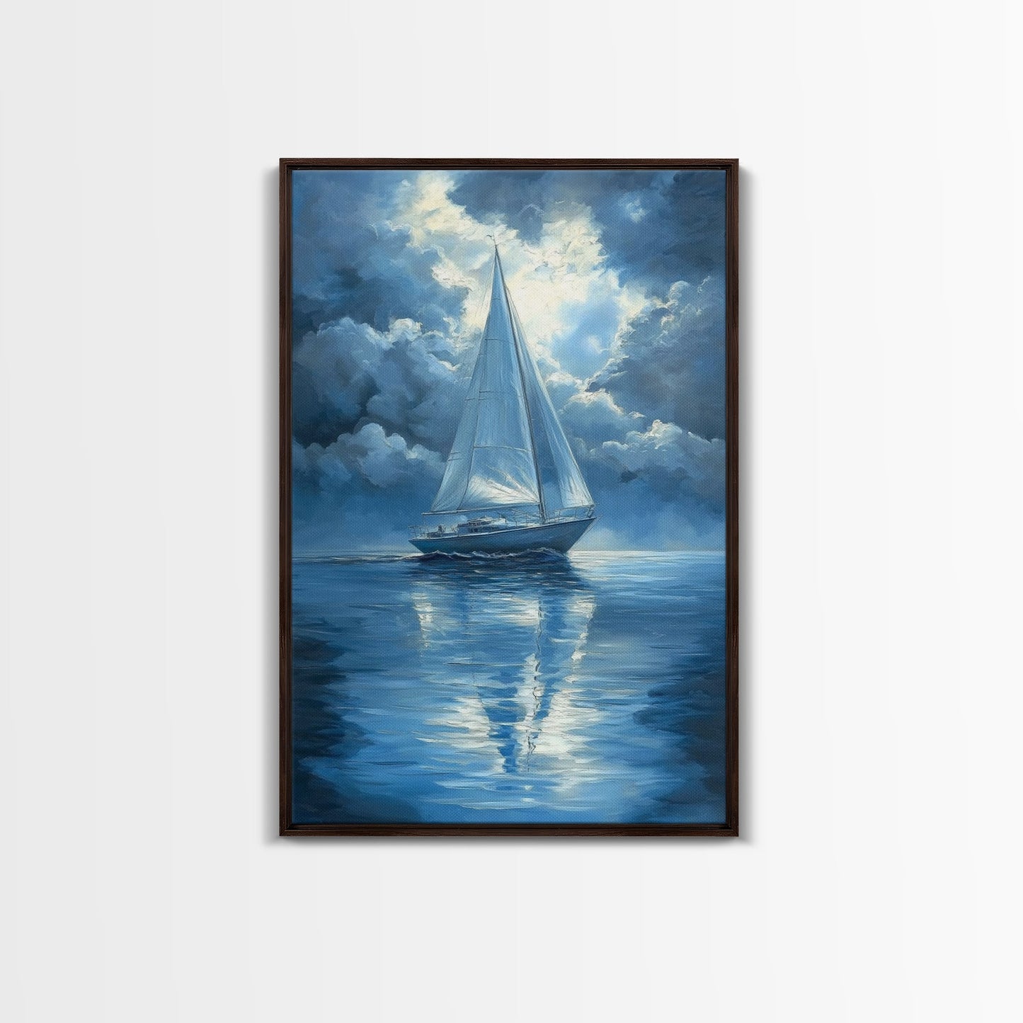Reflections of a Sail Boat under a Full Moon Framed Canvas Print, Nautical Decor, Sail Boat Oil painting, Sailboat Painting, Nautical Home Decor