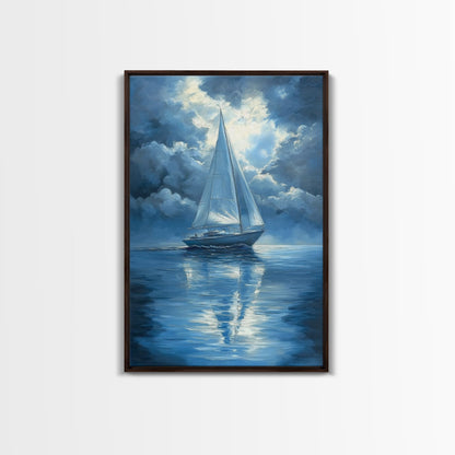 Reflections of a Sail Boat under a Full Moon Framed Canvas Print, Nautical Decor, Sail Boat Oil painting, Sailboat Painting, Nautical Home Decor